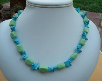 Turquoise and Lime Green Chunky Beaded Necklace with Sterling Silver Toggle Clasp - Western Southwestern Style Necklace - Cowgirl Chic