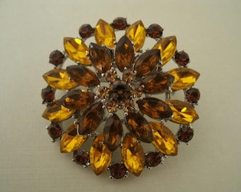 Brown and Amber Color Rhinestone Brooch - Vintage 1 7/8 Inch Diameter Round RS Fall Winter Brooch Pin