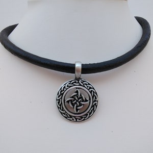 Celtic Knot Pendant Necklace on Thick Black Leather Cord with Silver-Plated Cord Ends and Clasp - Round Antiqued Pewter Celtic Knot Pendant