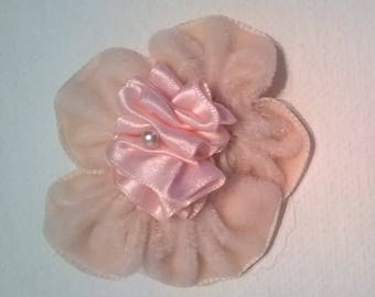 Pink Velvet Ribbon Flower with Baby Pink Silk Center and Blush Faux Pearl Bead - Alligator Hair Clip - Bridal, Wedding, Bridesmaid, Prom