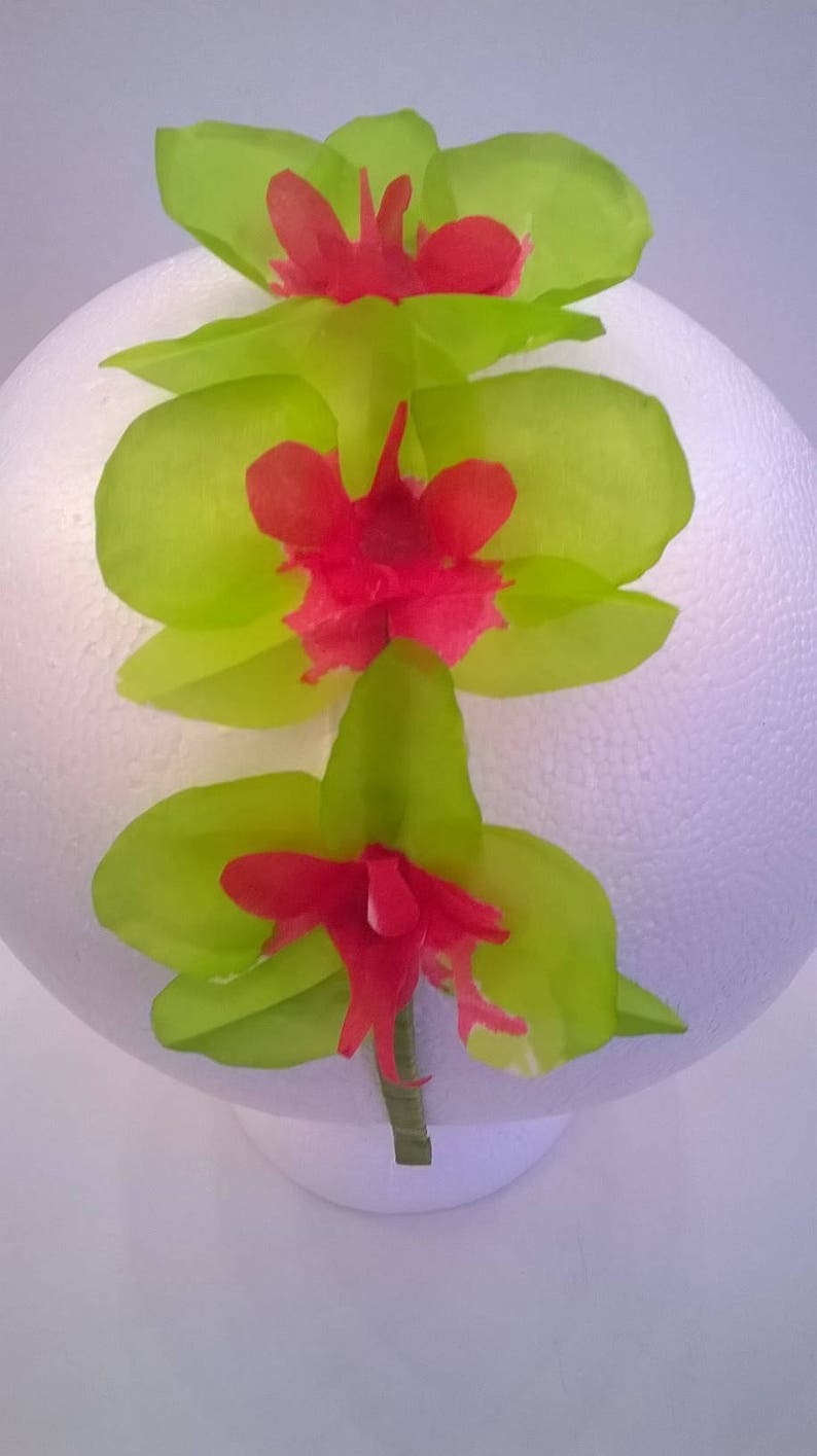 Silk Orchid Headband 3 Lime Green and Hot Pink Tropical Flowers on Green Silk Satin Wrapped Headband Bridesmaid, Beach Wedding, Prom image 6