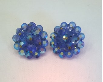 Vintage Blue Crystal and Rhinestone Aurora Borealis Earrings - 1950s Large RS Clip On AB Earrings