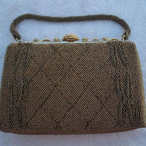 Vintage 1950s Glass Beaded Bronze Purse with Rhinestone Decorated Frame - Pristine Condition - Beaded Evening Bag - Beaded Purse