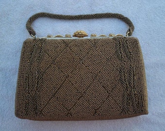 Vintage 1950s Glass Beaded Bronze Purse with Rhinestone Decorated Frame - Pristine Condition - Beaded Evening Bag - Beaded Purse