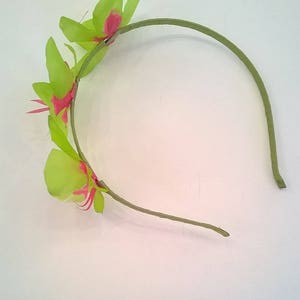 Silk Orchid Headband 3 Lime Green and Hot Pink Tropical Flowers on Green Silk Satin Wrapped Headband Bridesmaid, Beach Wedding, Prom image 7