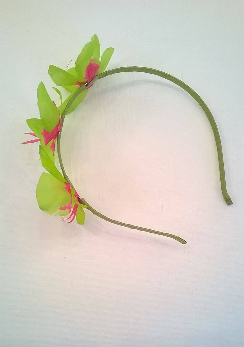 Silk Orchid Headband 3 Lime Green and Hot Pink Tropical Flowers on Green Silk Satin Wrapped Headband Bridesmaid, Beach Wedding, Prom image 7