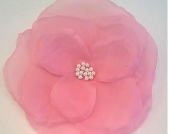 Pink Silk Flower Brooch - Handcrafted Silk Organza Wild Rose with Silverplated Pinback - Large, Over 4 Inches in Diameter