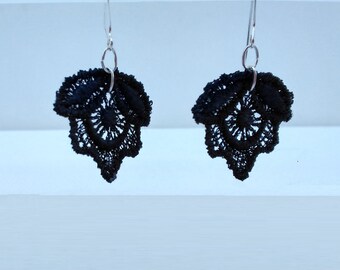 Black Lace Earrings  with Sterling Silver French Wires - Venise Lace Earrings