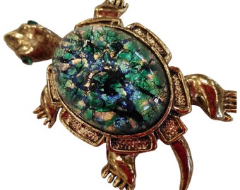 Turtle Brooch with Green Glass with Iridescent Foil Cabachon Center and Green Rhinestone Eyes - Vintage Turtle Pin
