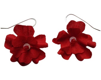 Red Silk Flower Earrings with Sterling Silver Hook Ear Wires for Pierced Ears - OOAK Artisan Floral Drop Earrings