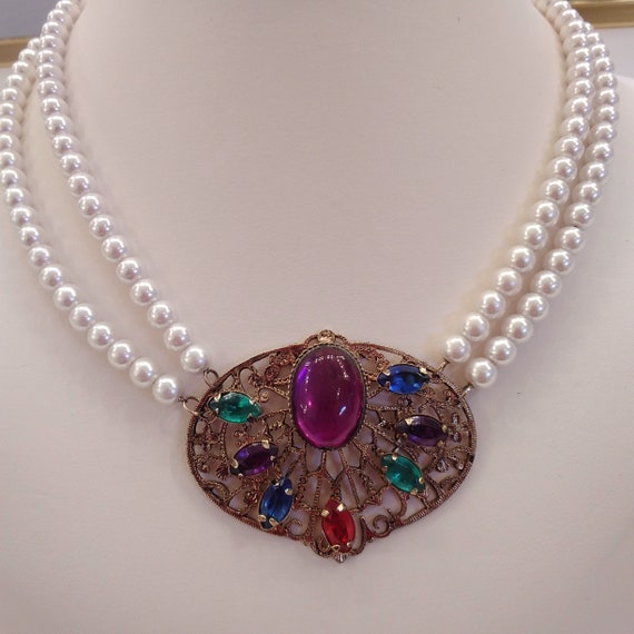 Glass Pearl Double Strand Necklace with Rhineston… - image 6