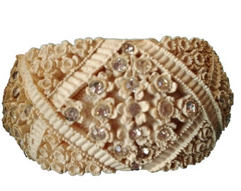 1930s Vintage Wide Celluloid Bangle with Rhinestones - 1 3/8 Inch Wide - Cream Color Floral Motif Vintage Bangle Bracelet