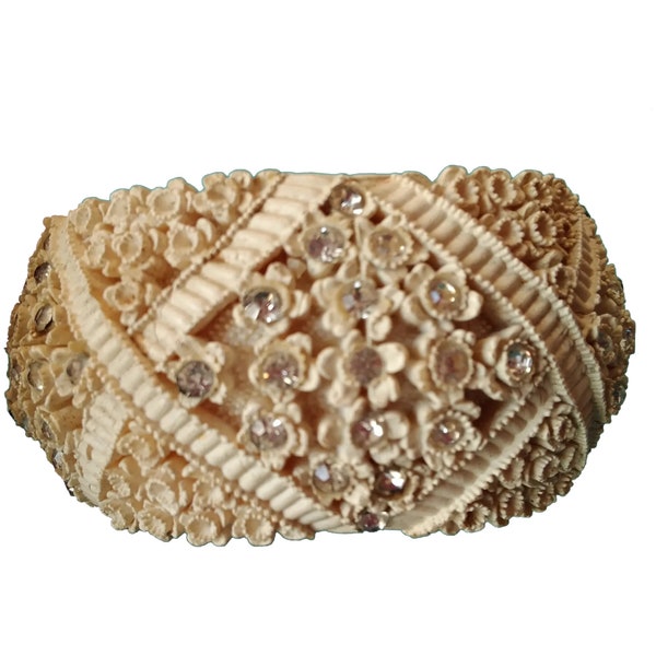 1930s Vintage Wide Celluloid Bangle with Rhinestones - 1 3/8 Inch Wide - Cream Color Floral Motif Vintage Bangle Bracelet