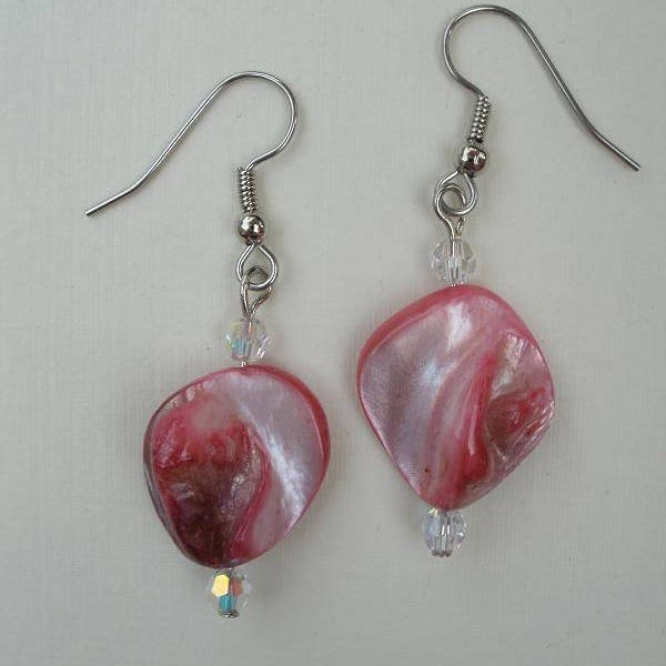 Pink Blister Shell Earrings with Swarovski Crystal Accent Beads - Spring Summer Drop Earrings