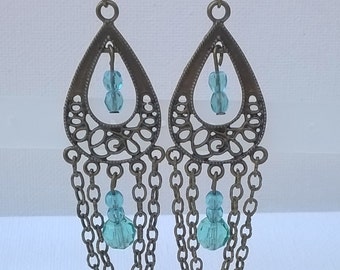 Chandelier Earrings with Antiqued Metal and Chain - Long Aqua Blue Glass Bead Earrings for Pierced Ears