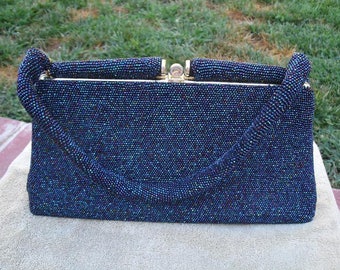 Vintage Blue Beaded Evening Bag - Large Iridescent Glass Beaded Handbag