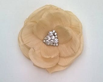 Candlelight Ivory Silk Flower Hair Clip with Rhinestone Center - Handcrafted Wild Rose - Bridal, Bridesmaid, Wedding Hair Accessory