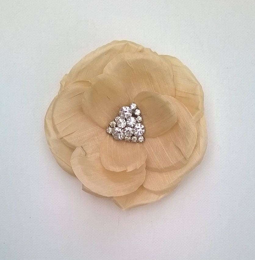 Candlelight Ivory Silk Flower Hair Clip With Rhinestone 