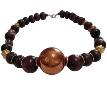 Vintage Wooden Bead and Copper Tone Metal Bead Choker Necklace
