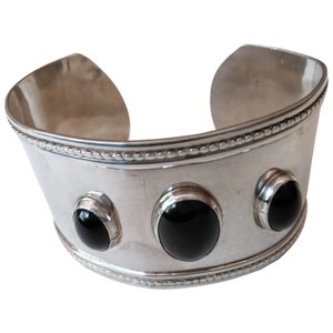 Sterling Silver and Obsidian Bangle Bracelet for Man or Woman - Three Inch Inner Diameter Across Widest Part