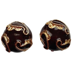 Black Enamel and Gold Tone Paisley Motif Landau Vintage 1990s Clip Earrings in Mint Condition