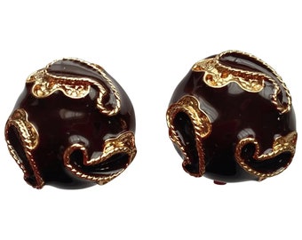 Black Enamel and Gold Tone Paisley Motif Landau Vintage 1990s Clip Earrings in Mint Condition
