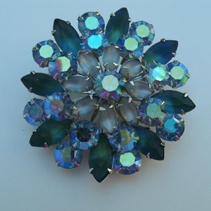 Blue and Green  Rhinestone Brooch  - Coro Vintage 1960s 2 1/4 Inch RS Brooch Pin