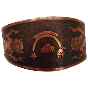 Solid Copper Cuff Bracelet with Zuni Rainbow Man and Kachina Motifs - For Man or Woman