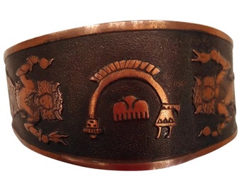 Solid Copper Cuff Bracelet with Zuni Rainbow Man and Kachina Motifs - For Man or Woman