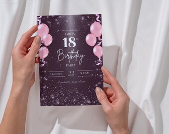 Editable Birthday Invitation Pink Elegant Canva Template Digital Birthday Party Invite Instant Download Printable Modern Design