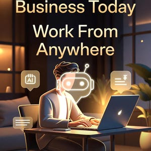 Può includere: Un'illustrazione che promuove opportunità di business AI. L'immagine presenta una persona che lavora su un laptop con un'icona di robot, accompagnata dal testo "Start Your AI Business Today, Work From Anywhere, High Income Skill."