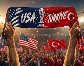 2026 World Cup Scarf Turkey vs USA | World Cup Football Fan Scarf | Half and Half Match Scarf | Türkiye USA Friendship Scarf | Soccer Gift