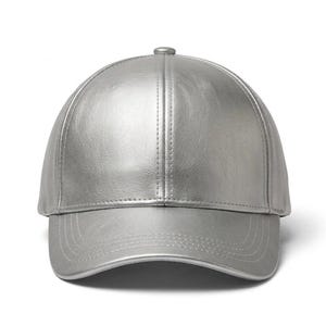 May include: A silver baseball cap with a curved brim. The cap is made of a shiny, metallic material and features a button on top. The stitching details are visible on the brim and the crown of the hat.
