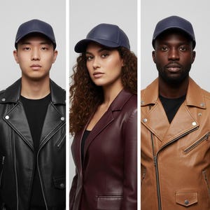 May include: Navy blue baseball cap with a curved brim. The cap is made of a smooth material and has a structured design. The cap is worn by three people, each wearing a different leather jacket.