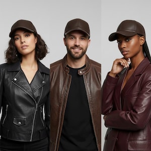 May include: Three people wearing brown leather baseball caps. The people are wearing black, brown, and burgundy leather jackets. The caps have a curved brim and a structured design, suitable for casual wear.