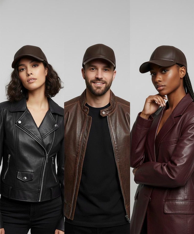 May include: Three people wearing brown leather baseball caps. The people are wearing black, brown, and burgundy leather jackets. The caps have a curved brim and a structured design, suitable for casual wear.