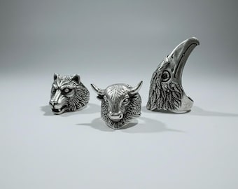 Conjunto de anillos de plata con diseño de animales: anillo de lobo, águila, toro y tiburón. Joyería motera para hombre. Anillo gótico con diseño de animales. Anillo llamativo de estilo punk rock. Regalo para rockeros.