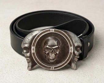 Cinturón de motociclista de cuero genuino para hombre, hebilla metálica de triple calavera, cinturón de moto gótico punk rock, estilo Harley, regalo para motociclistas.