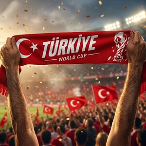 Könnte beinhalten: Ein roter rechteckiger Schal mit dem weißen Halbmond und Stern der türkischen Flagge, dem Text TÜRKIYE WORLD CUP und einer Grafik der Trophäe von 2026. Der Schal wird horizontal vor einem verschwommenen Stadionhintergrund gehalten.