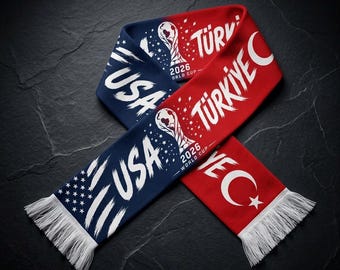 2026 World Cup Scarf Turkey vs USA | World Cup Football Fan Scarf | Half and Half Match Scarf | Türkiye USA Friendship Scarf | Soccer Gift