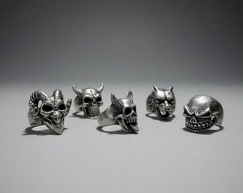 Conjunto de anillos de calavera de plata, anillos góticos para motociclistas, anillo de calavera demoníaca para hombre, joyería punk rock, calavera de diablo con cuernos de carnero, estética oscura, regalo rockero