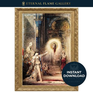 May include: A framed reproduction of Gustave Moreau's painting The Apparition, featuring a woman pointing toward a glowing, severed head of John the Baptist in a palace setting. The artwork is encased in an ornate, gold-colored, textured frame.