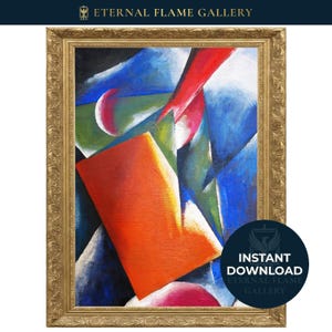 May include: Abstract painting with a gold ornate frame. The artwork features bold geometric shapes in red, orange, blue, and white. The painting is a digital download from Eternal Flame Gallery.