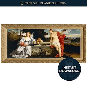 Op de afbeelding: Een ingelijste olieverfschilderijreproductie getiteld Sacred and Profane Love met twee figuren en een klein kind bij een stenen fontein in een landschap. De tekst ETERNAL FLAME GALLERY staat bovenaan en op een ronde badge rechtsonder.