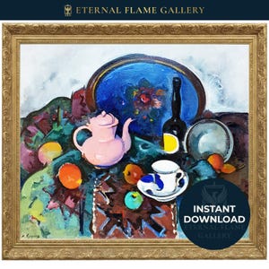 May include: An oil painting in a gold frame depicts a still life with a pink teapot, fruit, a blue plate, and a bottle. A teacup with a blue design sits on a saucer. The painting has a dark background and the text "Eternal Flame Gallery".