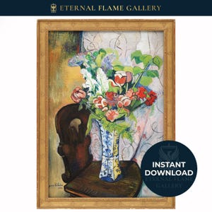 May include: A framed floral still life painting featuring a vase filled with colorful flowers. The vase, with blue and white patterns, sits on a wooden table. The painting is in a gold frame and includes the text "Eternal Flame Gallery".