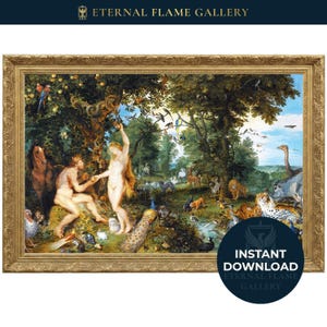 May include: A framed painting depicting a classical scene with figures, animals, and lush foliage. The artwork features a golden frame and the text "INSTANT DOWNLOAD" and "ETERNAL FLAME GALLERY".
