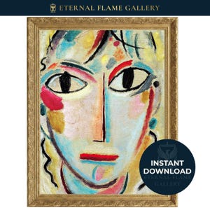 Puede incluir: Pintura de retrato abstracto en un marco dorado adornado. La obra presenta un rostro con grandes ojos negros, labios rojos y pinceladas coloridas en tonos azules, amarillos y rosas. El texto "INSTANT DOWNLOAD" es visible.