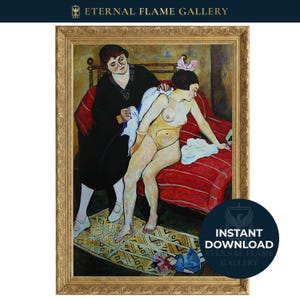 May include: An oil painting in a gold frame depicting a person in a black dress attending to a nude figure sitting on a red couch. A small doll lies on a patterned rug. The text ETERNAL FLAME GALLERY and INSTANT DOWNLOAD ETERNAL FLAME GALLERY appear.