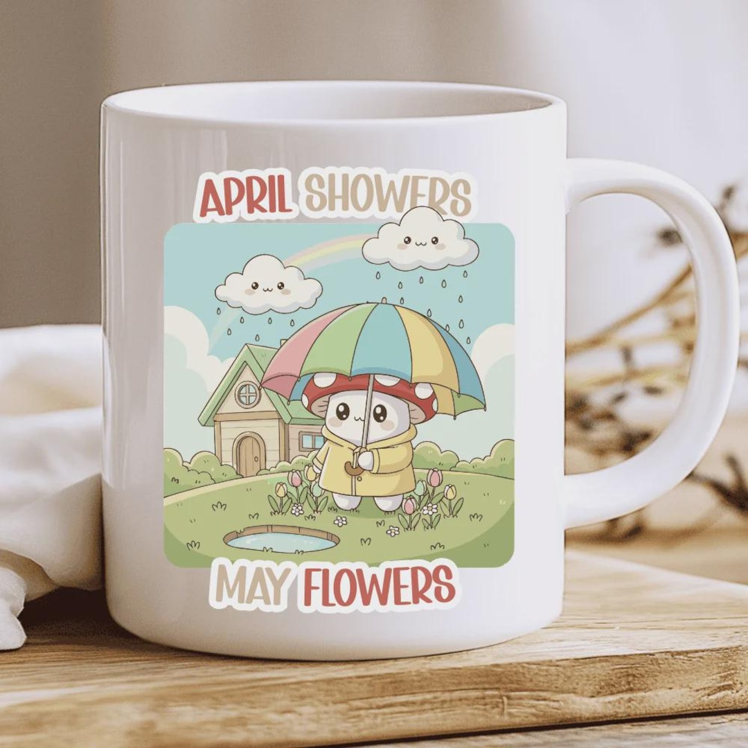 Kawaii Mushroom Rain Mug Spring Mood, Cute Fungus Coffee Cup, Spring ...